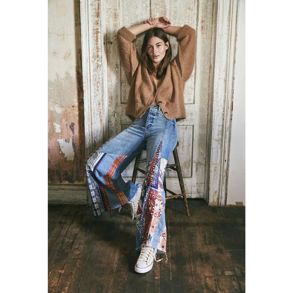 New Free People Cortez Pieced Patchwork Bandana Jeans Size 25